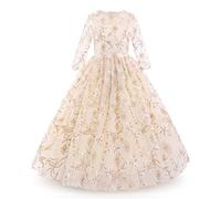 IWEMEK Mädchen Abendkleid 3/4 Ärmel Stickerei Blumen Maxi Tüllkleid Kinder Ballkleid Blumenmädchen Brautkleid Hochzeitskleider Lange Prinzessin Kleid Festlich Festzug Partykleid Champagner 9-10 Jahre