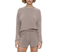 IWEMEK Schlafanzug Damen Baumwolle Waffel Pyjama Set Waffelstrick Nachtwäsche Waffelpique Homewear Set Lange ärmel Rundhals Oberteil Und Kurze Pyjamahose 2 Stück Gemütliche Sportanzug Dunkelrot XL