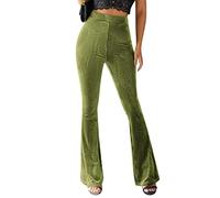IWEMEK Schlaghose Damen Samt High Waist Stretch Weites Bein Bell-Bottom Lang Bootcut Yogahose Grubenmuster Slim Bauchkontrolle Vintage Lässig Sweathose Party Einfarbig Grün L