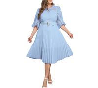 IWFEV Kleid in Übergröße mit gerüschten, kurzen Ärmeln aus plissierter Spitze Midi-Kleid in Übergröße Ausgeschnittenes Abendkleid, blau, 3XL (Große Größen)