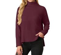 IWOLLENCE Pullover Damen Elegant Strickpullover Rollkragenpullover Langarm Seitlichem Schlitz Winter Sweatershirt (Weinrot, M)