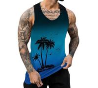 IWOLLENCE Tank Top Herren Baumwolle Printed Muskelshirt Ärmelloses Shirt Sommer Hawaii Hemd Lockeres Tanktop (Schwarz Blau Ombre Palme, L)
