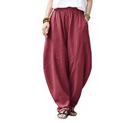 IXIMO Damen Baumwolle Leinen Hose Casual Elastische Taille Laterne Slacks Loose Fit Baggy Patchwork Hose, Burgunder, M