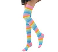 Ixkbiced Damen Mädchen Fancy Rainbow Bunte Streifen Overknee Lange Socken Halloween Cosplay Kostüm Gestrickte Stretchhy Oberschenkelhohe Strümpfe