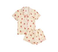 iyoimono Schlafanzug Damen Kurz Pyjama Kurzarm Pyjamas Set Baumwolle Gaze Beigefarbene Erdbeere Nachtwäsche Set Zweiteiliger mit Damen Pyjamahose und Shirt Elastischer Bund Sleepwear für Sommer,L