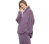 iyoimono Schlafanzug Für Damen 2-Set Pyjama Mit Lange Oberteile Und Hosen Polar Fleece Hausanzug Kuschelige Und Warmes Flanell Nachtwasche PjS Für Frauen Flanell Fleece für Winter Sleepwear(Lila,XXL)