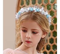 IYOU Prinzessin Blumen Kopfschmuck Blaue Perlen Stirnband Kristall Blumen Braut Haarbänder Haarschmuck für Blumenmädchen Kommunion Hochzeit Geburtstag