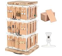 J JACKCUBE DESIGN 3-stöckiger Ohrringhalter aus Metall, 360 Grad drehbar, Weiß, Schmuckständer, Vintage-Bauernhaus-Stil, Ständer für Halsketten, Piercings mit 48 Haken und Holzablage -MK1073B