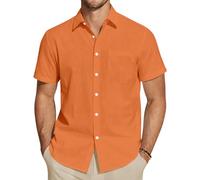 J.VER Herren Leinenhemd Kurzarm Sommerhemd Freizeithemd Kurzarmhemd Men´s Shirt Herren Klassisches Sommer Leinenshirt mit Brusttasche,Orange,M