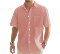 J.VER Herren Leinenhemd Kurzarm Sommerhemd Freizeithemd Kurzarmhemd Men´s Shirt Klassisches Sommer Hemden mit Brusttasche,Orange Rosa,L