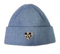 J26 Wintermütze Strickmütze mit Herz Leopard Symbol Winter Hut Mütze Unisex Beanie Viskose (DE/NL/SE/PL, Alphanumerisch, Einheitsgröße, Blau)