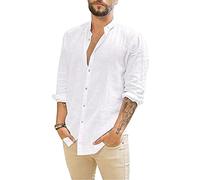 Jacansi Herrenhemden Herren-Leinenhemden Langarm-Freizeithemden Slim Fit-Hemden Weiß 2XL