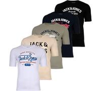 JACK&JONES Herren T-Shirt, 5er Pack - JJLEOGRA Tee Crew Neck, Kurzarm, Rundhals, Baumwolle, Logo-Print Schwarz/Weiß/Blau/Grün/Beige S