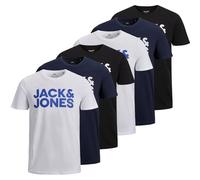 JACK&JONES Herren T-Shirt, 6er Pack - JJECORP LOGO TEE O-NECK, Logo-Print, Baumwolle Schwarz/Weiß/Marineblau L