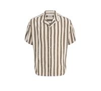 Kurzarmhemd JACK & JONES "JJEJEFF RESORT STRIPE SHIRT S/S SN", Herren, Gr. M, N-Gr, moonbeam, Web, Obermaterial: 100% Viskose, gestreift, normal, V-Ausschnitt, Hemden, Viskose, loose fit (58732241-M)