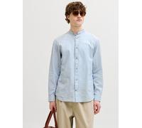 Langarmhemd JACK & JONES "JJESUMMER LINEN BLEND BAND SHIRT L/S SN", Herren, Gr. XL, N-Gr, celestial blau, Web, Obermaterial: 70% Baumwolle, 30% Leinen, unifarben, regular fit normal, 1-Knopf-Manschett