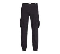 Cargohose JACK & JONES "JPSTKANE JJJONNIE CUFFED CARGO", Herren, Gr. 29, Länge 30, schwarz, Web, Obermaterial: 98% Baumwolle, 2% Elasthan, unifarben, loose fit knöchellang, Hosen (20963146-29) schwarz
