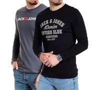 JACK & JONES Herren Langarmshirt aus Baumwolle - Longsleeve Männer - T-Shirt mit Langen Ärmeln aus Baumwolle - einzeln und Multipack (LS Nala Black4+Corp Slate) S