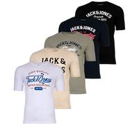 JACK&JONES Herren T-Shirt, 5er Pack - JJLEOGRA Tee Crew Neck, Kurzarm, Rundhals, Baumwolle, Logo-Print Schwarz/Weiß/Blau/Grün/Beige M