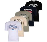 JACK&JONES Herren T-Shirt, 5er Pack - JJLEOGRA TEE CREW NECK, Kurzarm, Rundhals, Baumwolle, Logo-Print Schwarz/Weiß/Blau/Grün/Beige XL