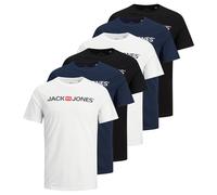 JACK&JONES Herren T-Shirt, 6er Pack - JJECORP LOGO TEE CREW NECK, Logo-Print, Baumwolle Weiß/Marineblau/Schwarz S