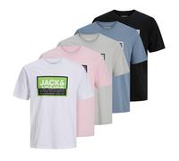 JACK&JONES Herren T-Shirts, 5er Pack - JCOLOGAN SUMMER PRINT, Rundhals, Baumwolle Rosa/Weiß/Schwarz M