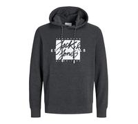 JACK & JONES Hoodie Herren - Lässiger Kapuzenpullover aus Baumwoll-Mix mit Print, Kapuzenpullover mit Kängurutasche, Streetstyle Langarm-Pullover für Freizeit & Alltag - Größe: XS - Farbe: Grau