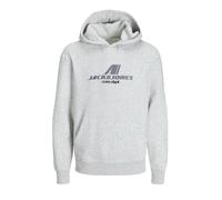 Kapuzensweatshirt JACK & JONES JUNIOR "JCOTIER FRONT PRINT SWEAT HOOD JNR", Jungen, Gr. 140, grau (weiß melange), angeraute Sweatware, Obermaterial: 70% Baumwolle, 30% Polyester, bedruckt, relaxed fit