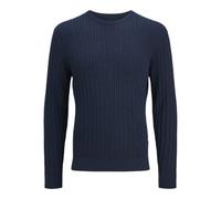 Strickpullover JACK & JONES "JJEEMIL KNIT CABLE CREW NECK NOOS", Herren, Gr. L, navy blazer, Strick, Obermaterial: 60% Baumwolle, 20% Nylon, 20% Viskose, unifarben, regular fit hüftlang, Rundhals, Bün