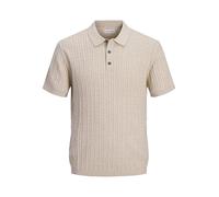 Polokragenpullover JACK & JONES "JJEEMIL KNIT CABLE POLO SS LN", Herren, Gr. L, oatmeal detail:melange, Strick, Obermaterial: 60% Baumwolle, 20% Nylon, 20% Viskose, meliert, normal, Rundhals, Pullover
