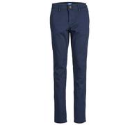 Chinos JACK & JONES JUNIOR "JPSTMARCO bequem, elastisch, pflegeleicht", Jungen, Gr. 128, N-Gr, blau (navy blazer), Web, Obermaterial: 98% Baumwolle, 2% Elasthan, unifarben, slim fit normal, Hosen Anzu