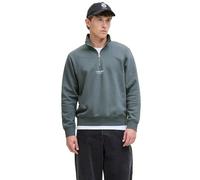 Sweatshirt JACK & JONES "JJESOHO SWEAT QUARTER ZIP HN NOOS", Herren, Gr. S, stormy weather, angeraute Sweatware, Obermaterial: 80% Baumwolle, 20% Polyester, bedruckt, relaxed fit hüftlang, hoch geschl