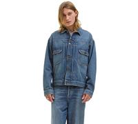 Jeansjacke JACK & JONES "JJIMILES JACKET SQ 439 NOOS", Herren, Gr. L, blau denim pack:sdl jj 2452, Denim/Jeans, Obermaterial: 100% Baumwolle, Abriebeffekte, normal, Jacken Jeansjacke, mit Fly-Away-Kra