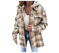 Jacke Kariert Damen - Fleece Hemdjacke Female Jacke Karo Lange Ärmel Herbst Winter Übergangsjacke Mit Taschen Knopfleiste Revers Mantel Plüsch Blusenshirt Oversize Outwear Beige