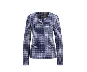 Jackenblazer GOLDNER "Kurzgröße Elegante Karo-Jacke mit Glanzeffekten", Damen, Gr. 24, grün (royalblau, weiß, gemustert), Obermaterial: 40% Polyacryl PAN. 30% Baumwolle CO. 28% Polyester PES. 2% metal