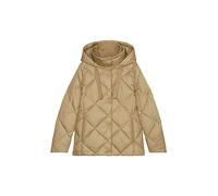 Jacket, down filled, fixed hood, stand-up collar, zip pockets, logo tapes