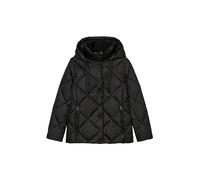 Jacket, down filled, fixed hood, stand-up collar, zip pockets, logo tapes