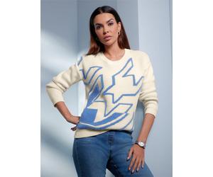 Jacquardpullover HEINE "Pullover", Damen, Gr. 42, mittelblau, champagner, gemustert, 45% Baumwolle, 45% Polyacryl, 10% Polyamid, gemustert, mehrfarbig, Pullover (32855307-42) mittelblau, champagner, g