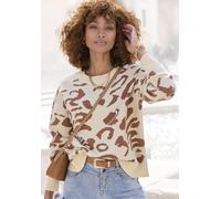 Jacquardpullover LASCANA, Damen, Gr. 44/46, braun (creme, camelfarben), Strick, Obermaterial: 50% Viskose, 28% Polyester, 22% Polyamid, gemustert, figurumspielend hüftlang, Rundhals, Rippstrickbündche