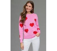 Jacquardpullover LAURA SCOTT "aus angenehm leichtem Frühlingsstrick", Damen, Gr. 44/46, rosa, rot gemustert, Feinstrick, Obermaterial: 100% Baumwolle, Jacquardmuster, gemustert, figurumspielend hüftbe
