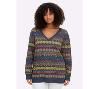 Jacquardpullover SHEEGO "Pullover", Damen, Gr. 56/58, bunt (rauchblau, gemustert), 50% Baumwolle, 50% Polyacryl, gemustert, mehrfarbig, Pullover (20166530-56) rauchblau, gemustert