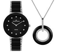 JACQUES LEMANS 42-7G-SET Damenuhr Set Monaco Edelstahl Silberfarben mit Keramik Uhr und Collier Kristallbesatz 10 ATM
