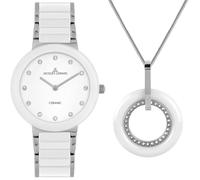 JACQUES LEMANS 42-7H-SET Damenuhr Set Monaco Edelstahl Silberfarben mit Keramik Uhr und Collier Kristallbesatz 10 ATM