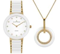 JACQUES LEMANS 42-7L-SET Damenuhr Set Monaco Edelstahl Goldfarben mit Keramik Uhr und Collier Kristallbesatz 10 ATM
