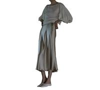 JACTZ Satinrock Elegante Frauen Röcke Satin Seide A-Linie Rock Büro Lange Sommer Röcke Frau Mode-Gray,XL