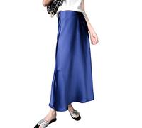 JACTZ Satinrock Frauen Elegante Seide Satin Midi Rock Qualität High Waisted Lange Röcke Für Frauen Wrap A Line Rock Maxi-Blue,S