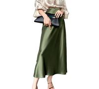 JACTZ Satinrock Frauen Elegante Seide Satin Midi Rock Qualität High Waisted Lange Röcke Für Frauen Wrap A Line Rock Maxi-Olive Green,L