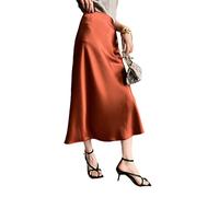 JACTZ Satinrock Frauen Elegante Seide Satin Midi Rock Qualität High Waisted Lange Röcke Für Frauen Wrap A Line Rock Maxi-Orange Red,M