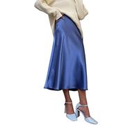 JACTZ Satinrock Frauen High Waisted Rock Seide Satin Röcke A-Linie Elegante Röcke Sommer Rosa Midi Rock Neue Bleistiftrock-Blue,M