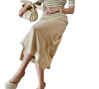 JACTZ Satinrock Frauen Satin Seidenrock Hohe Taille Büro Elegante Lange Basic Solid Midi A-Linie Sommer Röcke Für Frauen-Gold,M